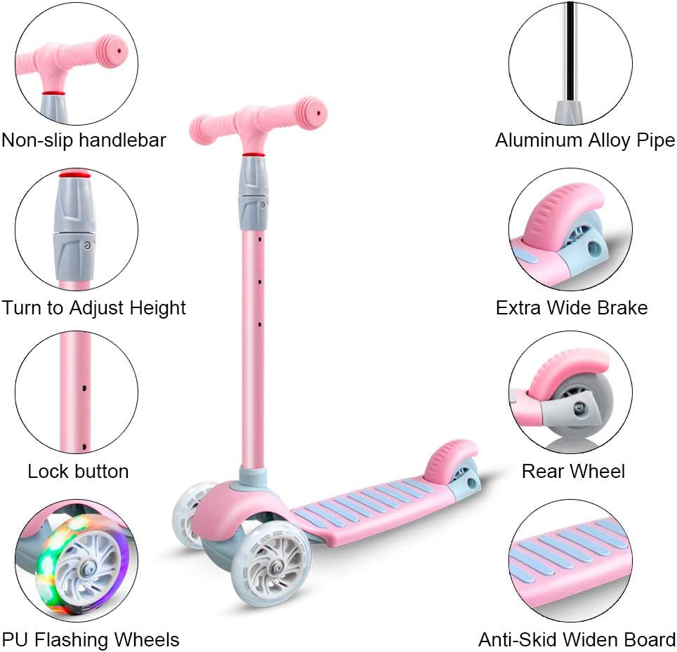 Scooter for Kids 3 Wheel Scooter Kids Kick Scooter for Toddler Girls Boys Scooter with Adjustable Height and Light-Up Wheels Scooter for Children Ages 3-12