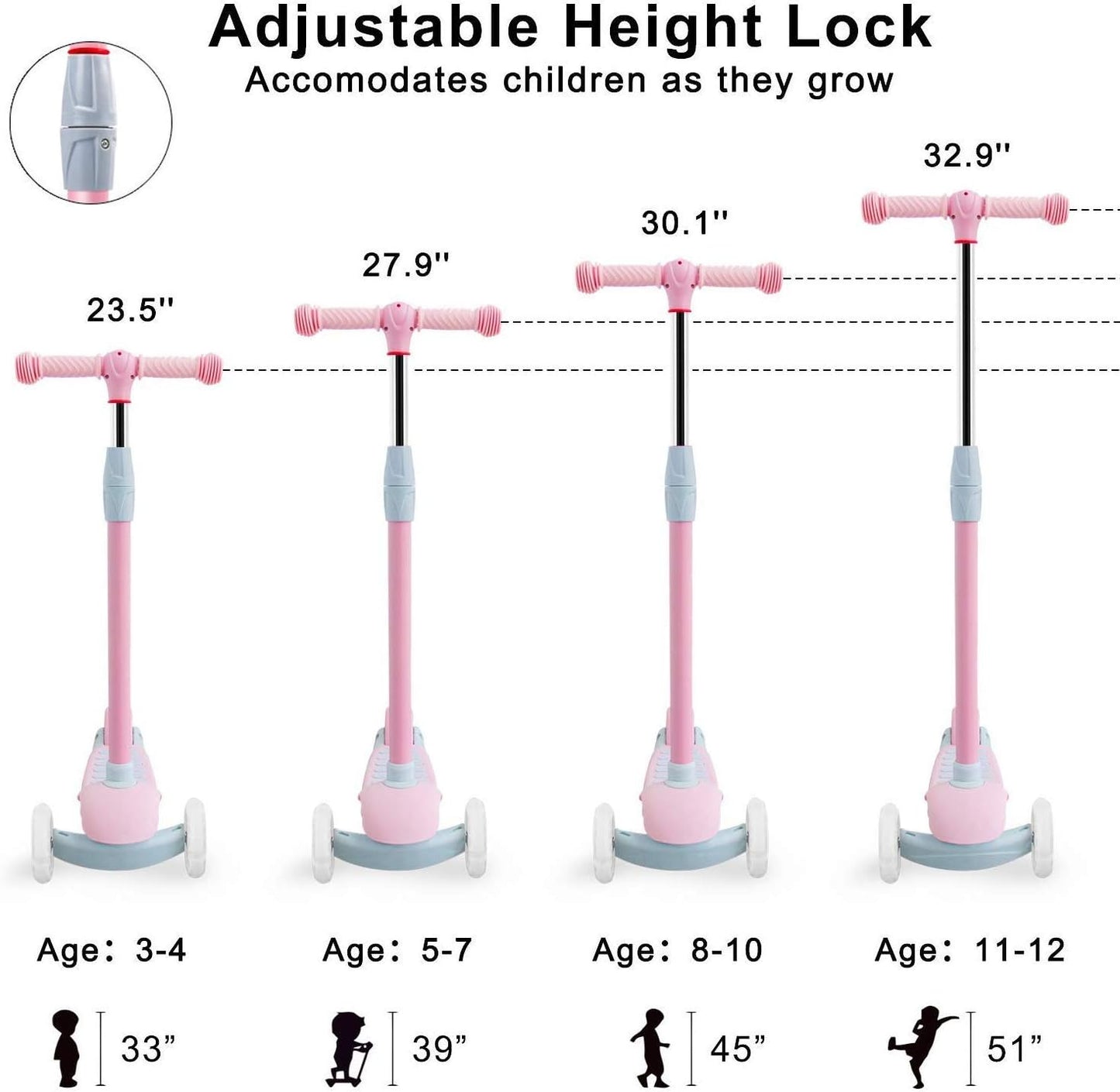Scooter for Kids 3 Wheel Scooter Kids Kick Scooter for Toddler Girls Boys Scooter with Adjustable Height and Light-Up Wheels Scooter for Children Ages 3-12