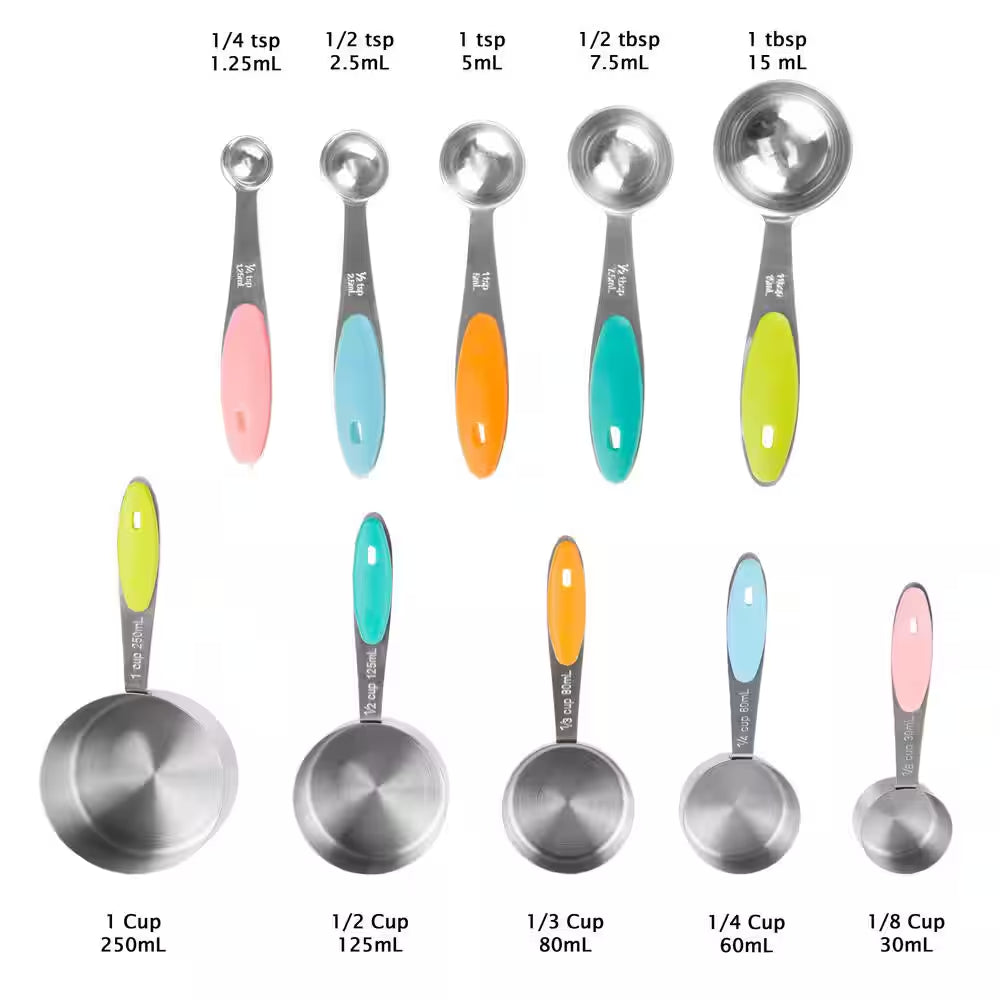 10-Piece Stainless Steel with Silicone Measuring Cups and Spoons Set