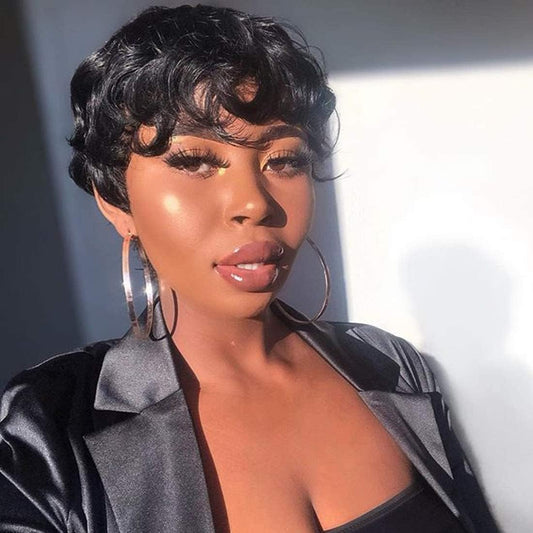Short Pixie Cut Wigs Human Hair, Short Curly Wigs with Bangs, Glueless, Full Cap, 10 Inches, Black