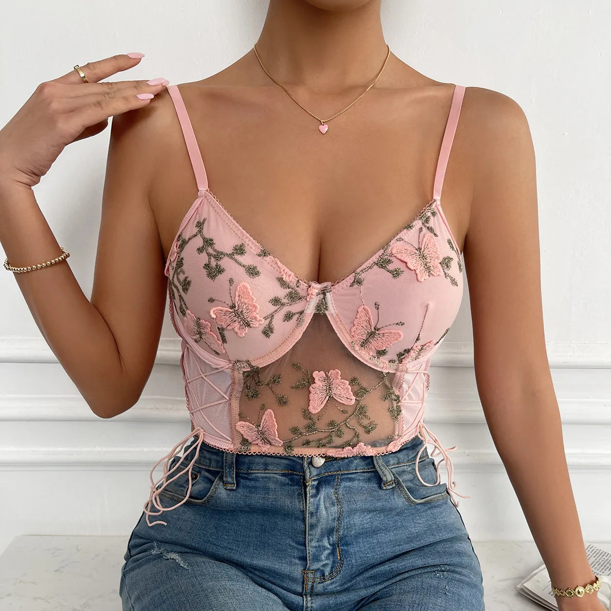 Spaghetti Strap Lace Camisole Crop Top Butterfly Emrbroidery Backless Boho Top