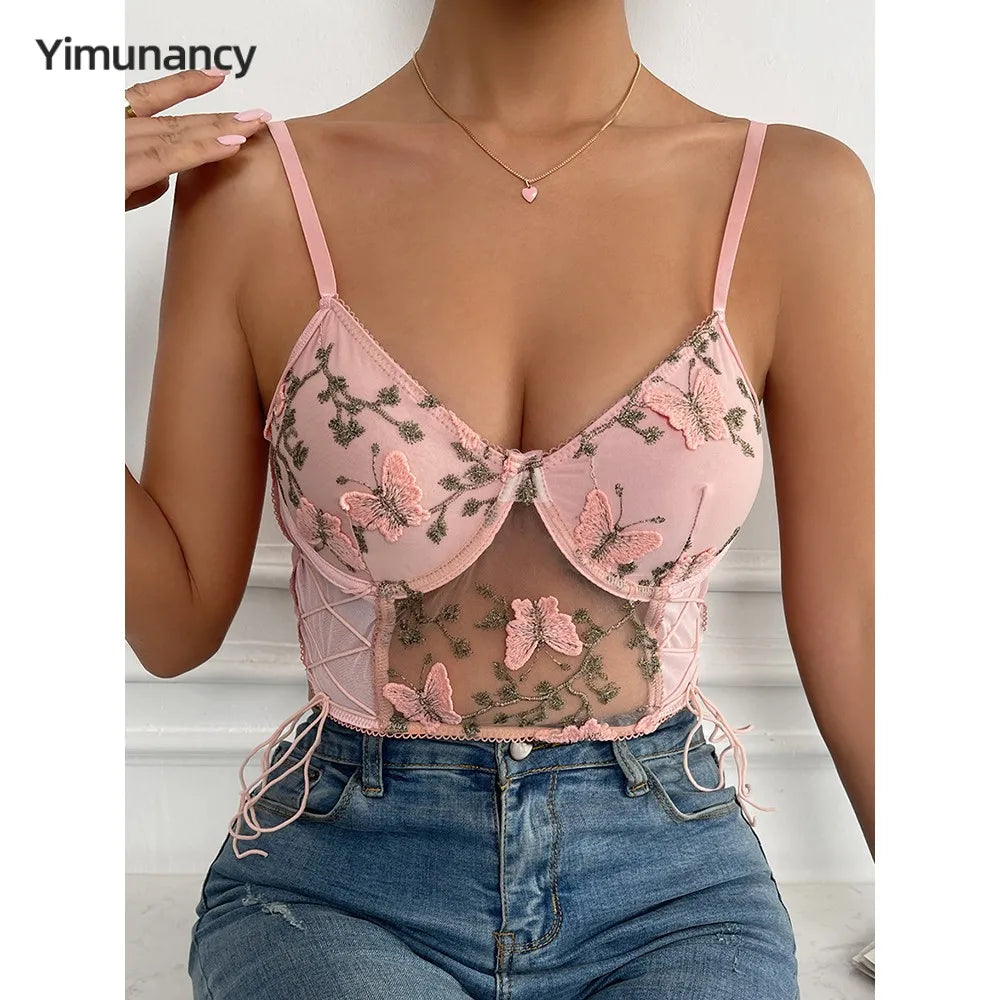 Spaghetti Strap Lace Camisole Crop Top Butterfly Emrbroidery Backless Boho Top