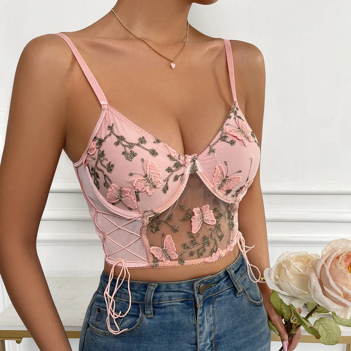 Spaghetti Strap Lace Camisole Crop Top Butterfly Emrbroidery Backless Boho Top