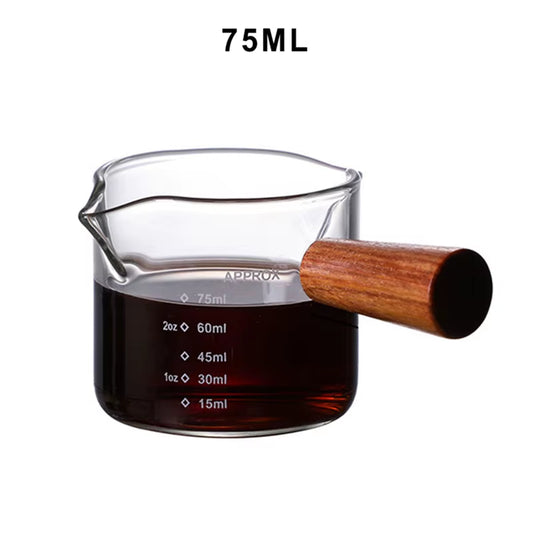 70/75Ml Heat-Resisting Glass Espresso Measuring Cup Double Mouth Glass Milk Jug with Wooden Handle Glass Scale Measure Mugs Cup