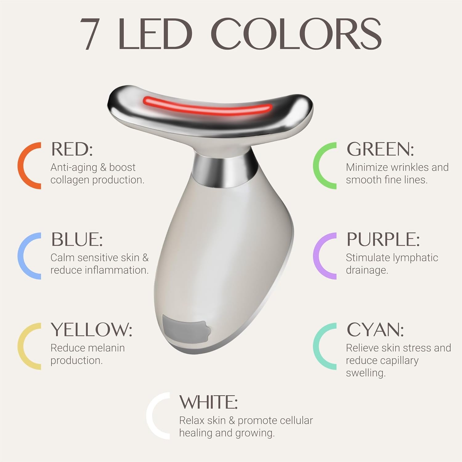 Red Light Face Massager Device 3-In-1 : Vibration, Gentle Heating, and 7-Color LED Light – Home Self-Care Tool for Skin Wellness (White)