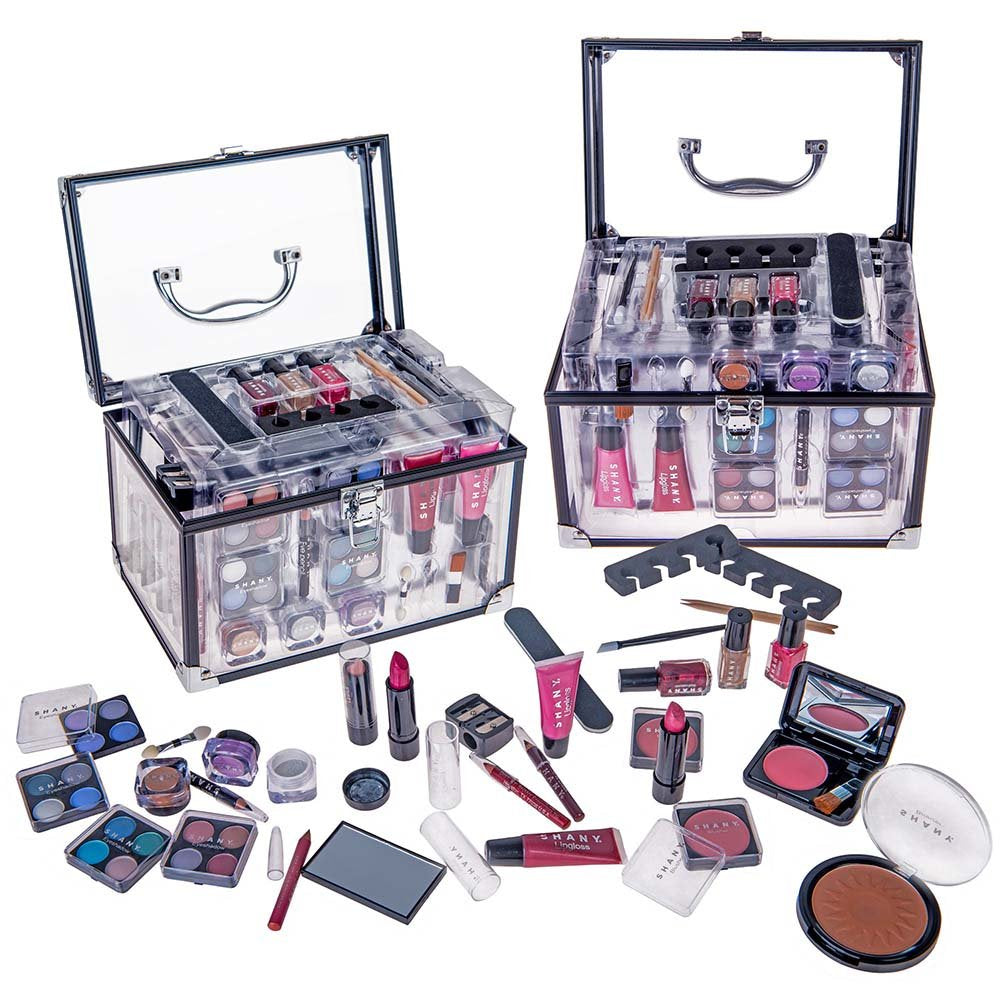 Carry All Trunk Makeup Train Case with Re-Usable Aluminum Makeup Storage Case. Non Toxic Color Make up Set with Eye Palettes, Blushes,Makeup Powders, Manicure, Pedicure and Makeup Brushes.