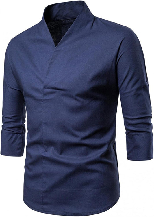 Mens 3/4 Sleeve Cotton Linen V Neck Shirts Hipster Slim Fit Stand Collar Chef Coats Big and Tall Beach Yoga Tops