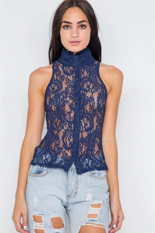 Navy Blue Mock-Neck Sheer Button down Lace Top