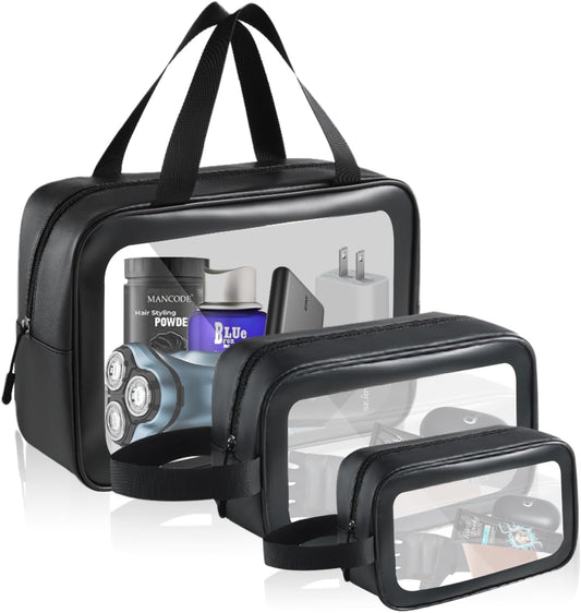 Travel Toiletry Bag for Women Men -Waterproof, Clear, Portable and Cute Makeup Cosmetic Bag Set (3-Black)