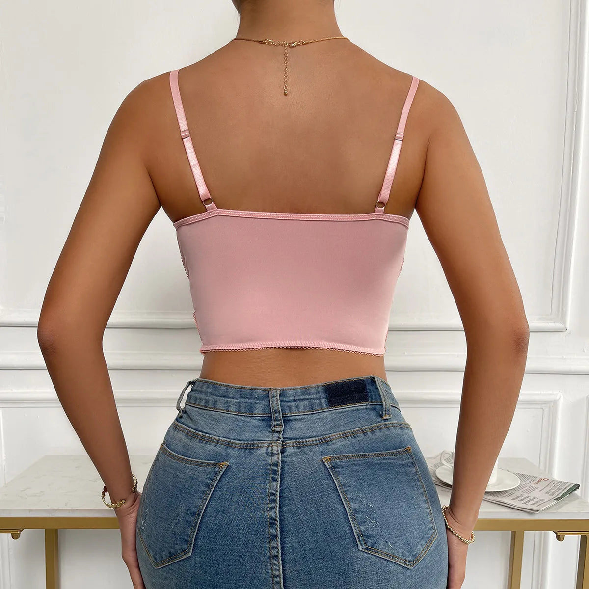 Spaghetti Strap Lace Camisole Crop Top Butterfly Emrbroidery Backless Boho Top