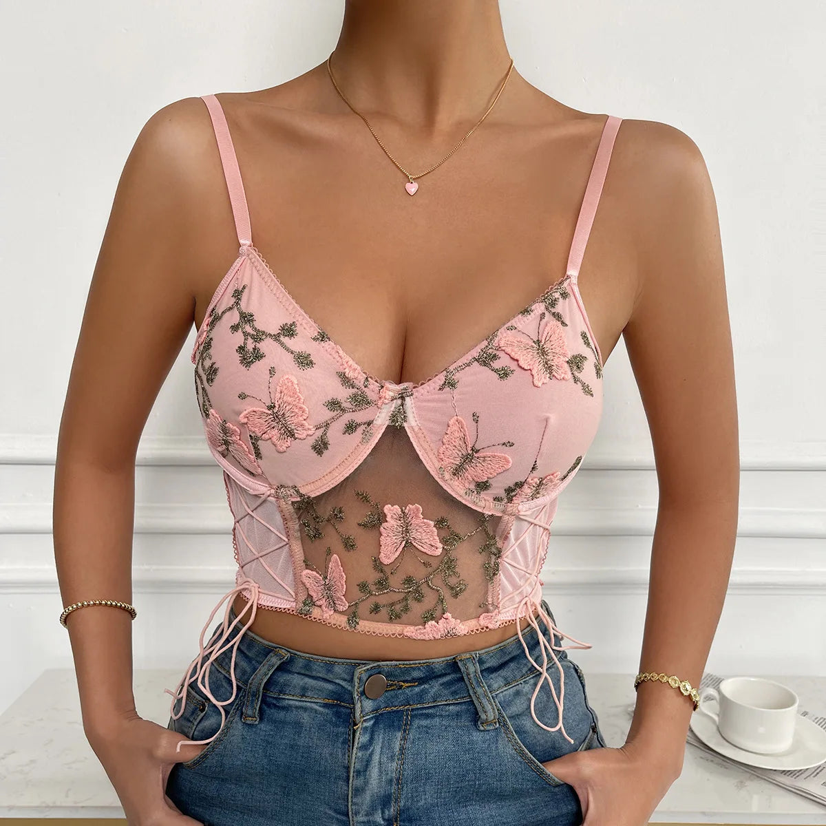 Spaghetti Strap Lace Camisole Crop Top Butterfly Emrbroidery Backless Boho Top