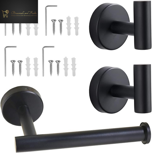 SUS 304 Stainless Steel Wall Mounted - Includes Toilet Paper Holder, 2X Robe Towel Hooks Bathroom Accessories Kit， 3-Pieces Bathroom Hardware Set -Black