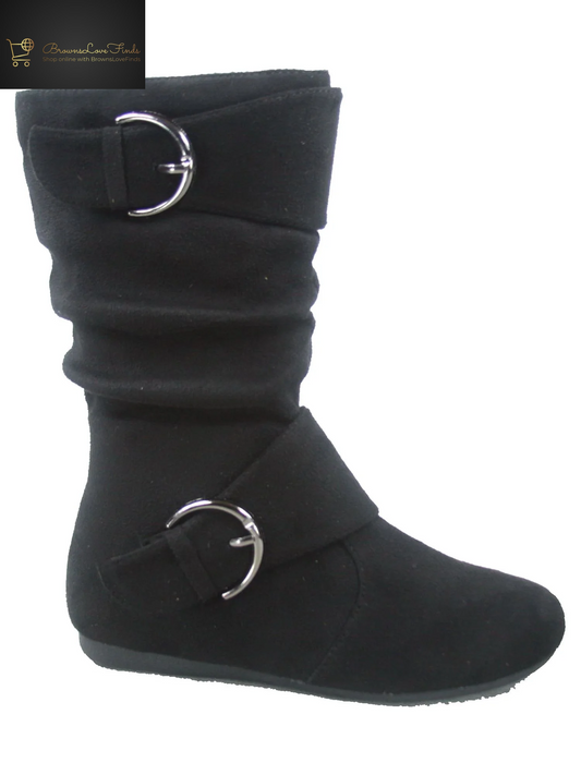 Klein-70 Girls Kid'S Causal Flat Heel Buckles Zipper Slouchy Mid Calf Boots Shoes ( Black, 13 )